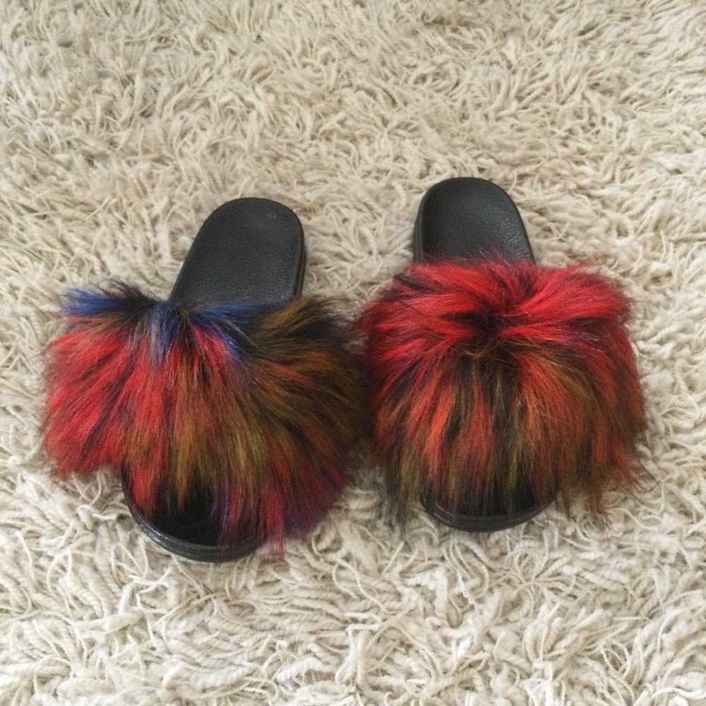 Rainbow Color Fur Slides With Matching - image 1